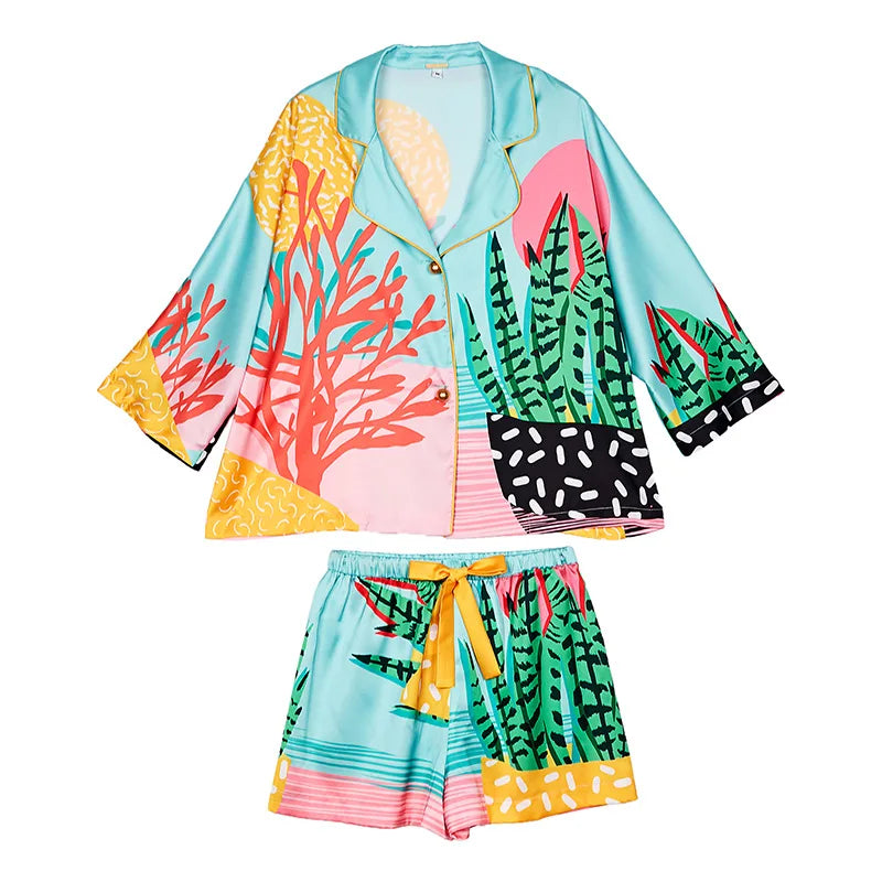 QSROCIO Women Pajama Set Hand Drawn Art Tropical Plants Pyjama Silk Like Nightwear Shorts Home Wear Clothes Sleepwear Homewear