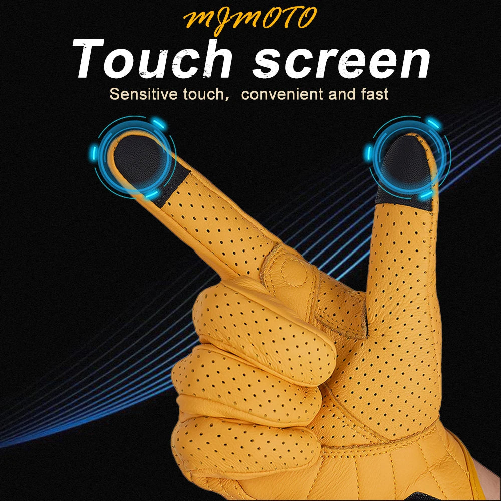 Retro Yellow Leather Motorcycle Gloves Men Women Breathable Perforated Motorbike Racing Gloves Touch Screen Motocross Moto Glove