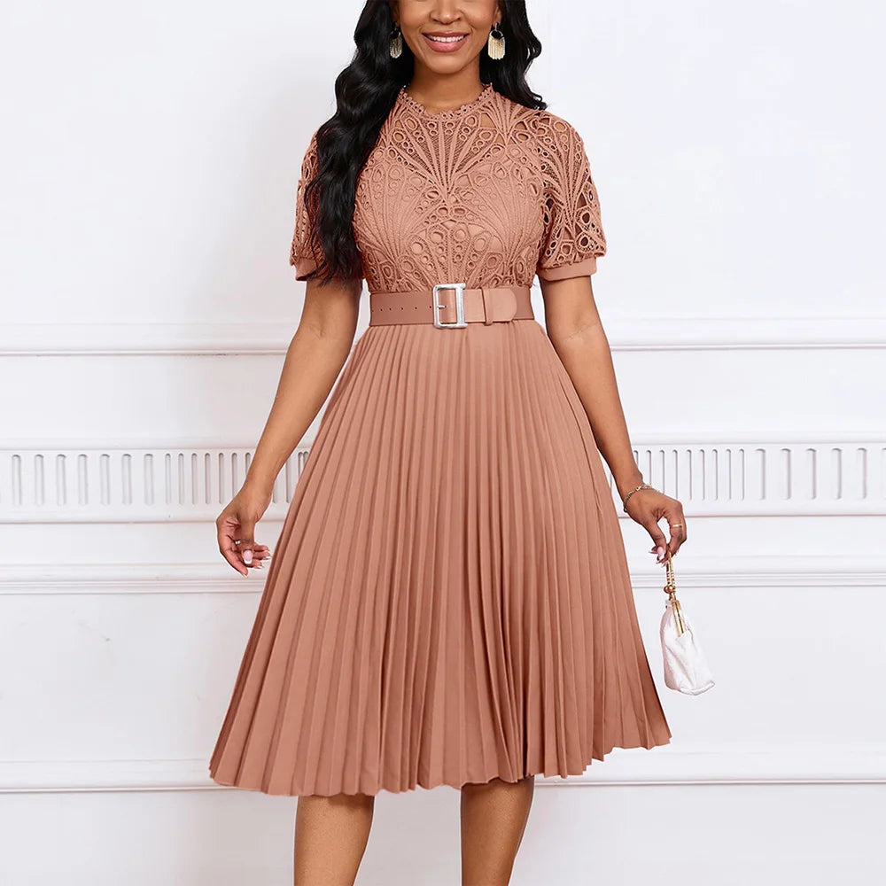 Elegant Dresses Pleated for Women O Neck Lace Patchwork Short Sleeve Belt Waisted Mid Calf Luxury Female Birthday Party Dress