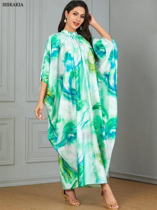 Siskakia Ramadan Muslim Floral Print Abaya Batwing Sleeve Maxi Dress Dubai Marocain Tie collar Elegant Casual Kaftan