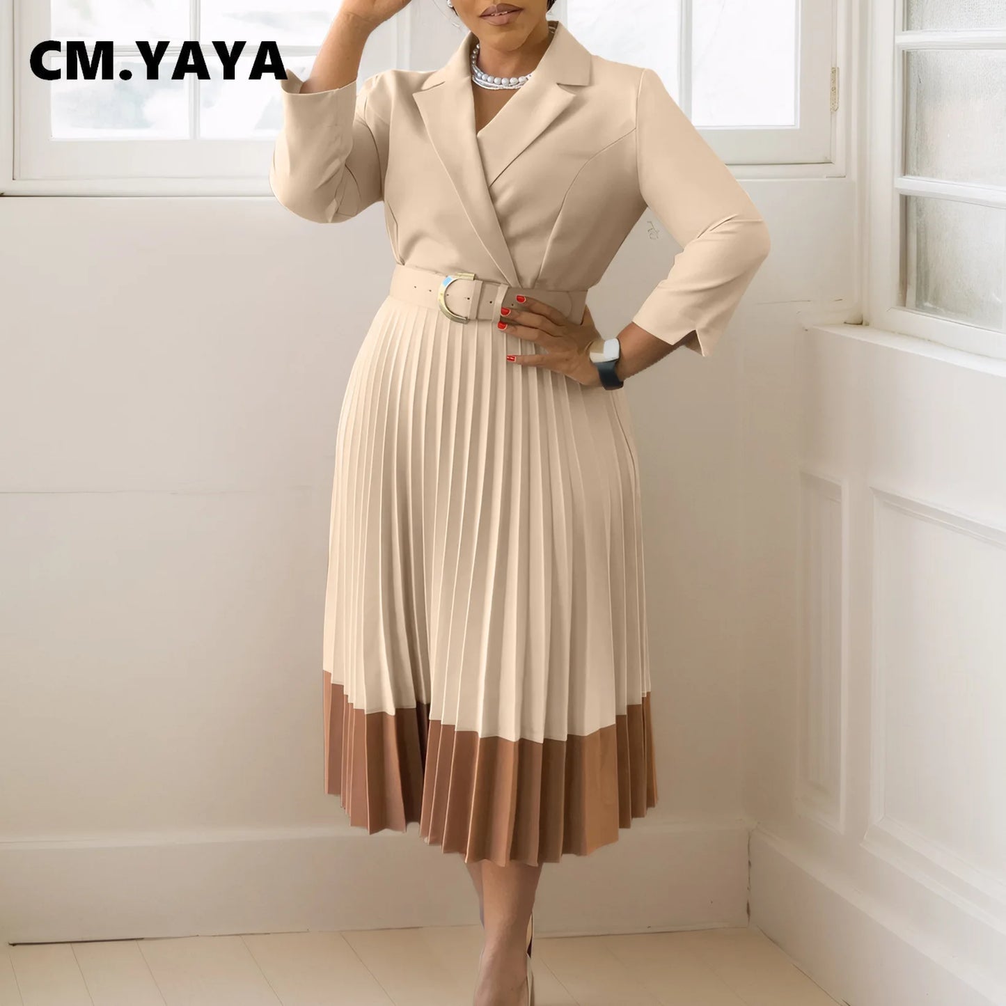 CM.YAYA Fashion Full Sleeve Notched Neck Solid High Waist Belt Dress Women Autumn Office Lady Pleated Long Africa Midi Dresses