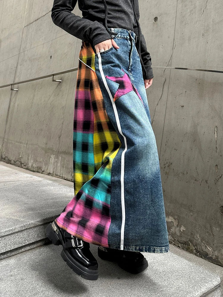 [EAM] High Elastic Waist Blue Back Plaid Denim Long A-line Half-body Skirt Women Fashion Tide New Spring Autumn 2024 1DH8117