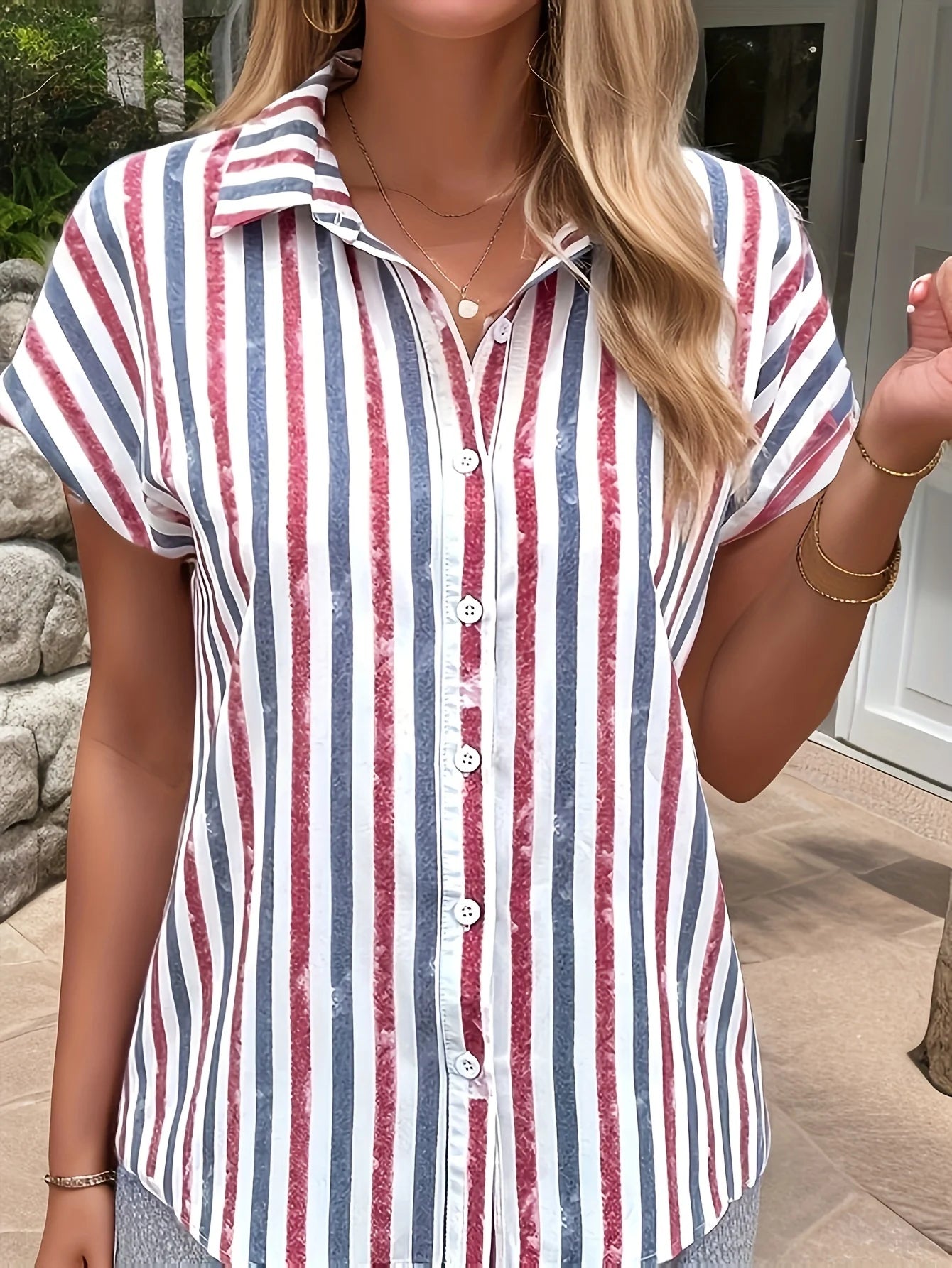 Plus Size Casual Blouse, Women's Plus Stripe Print Button Up Short Sleeve Turn Down Collar Shirt