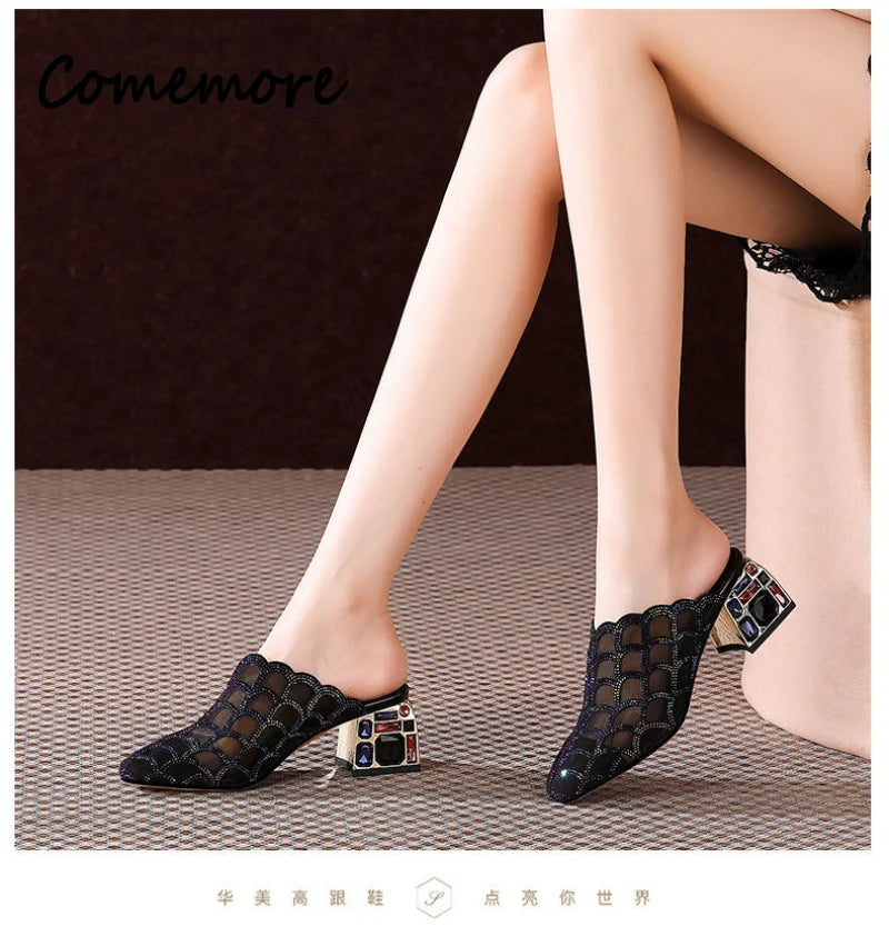 Comemore Rhinestone Half Slippers Women's Thick Heel New Summer Fashion Outwear High Heel Mesh Women Mules elegant sandals