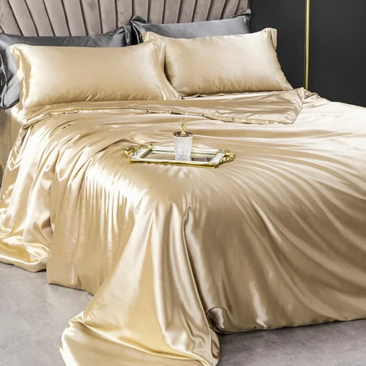 Pure 100% Silk Luxury Bedding Set with Duvet Cover Set Double King Size Bedding Kit 4pcs Bed Cover Bed Linen Set Satin