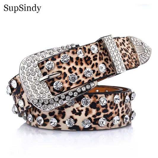 SupSindy Women Belt Pin Buckle Luxury Brand Designer Rhinestones Rivets Leopard Print PU Leather Belts for Women Jeans Waistband