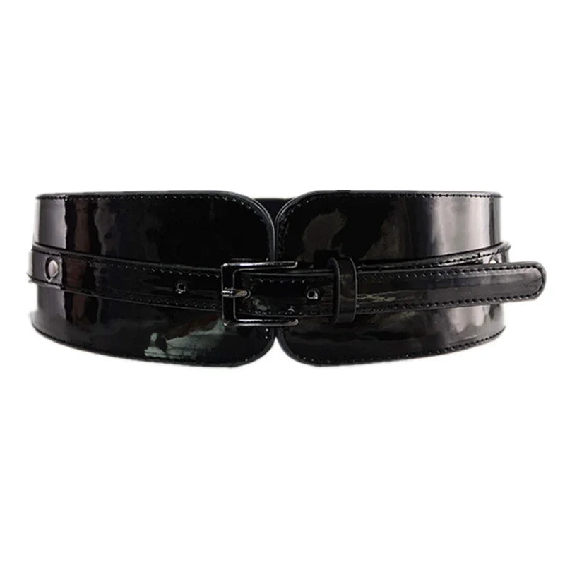 Women Luxury Patent Leather Wide Stretch Belt Fashion Design Black Red Belt Suitable for Casual&Office&Party