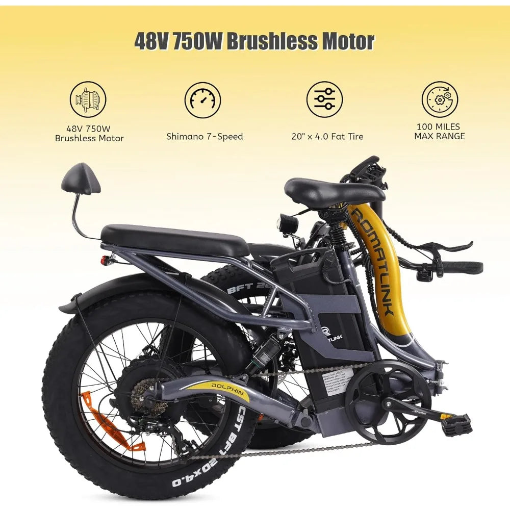 Folding Electric Bike for Adults, 48V 30Ah Ebike Battery with Range of 100 Miles, 20" Ebikes Wheel,Not-Slip Dirt Bike (Dolphin)