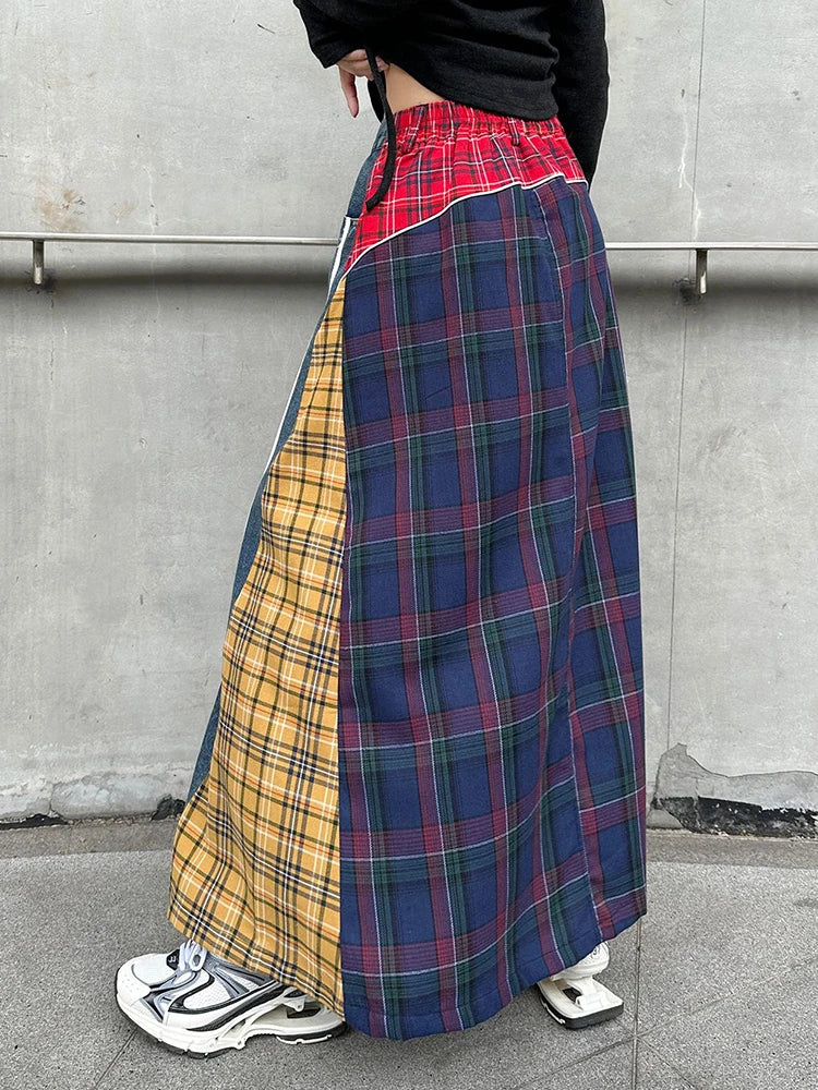 [EAM] High Elastic Waist Blue Back Plaid Denim Long A-line Half-body Skirt Women Fashion Tide New Spring Autumn 2024 1DH8117