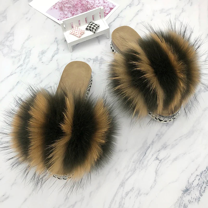 Slides Fur Summer Rivets Platform Sandals Ladies Sandals Outdoor Real Fur Ladies Heels Shoes 2021 New Fluffy Flip Flops Slippers