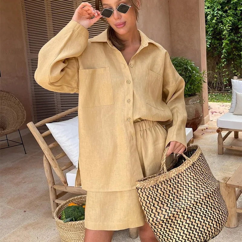 Home Wear Casual Women Two Pieces Sets Autumn Solid Long Sleeve Shirts + Elastic Waist Shorts Suits Loose Cotton Linen Outfits