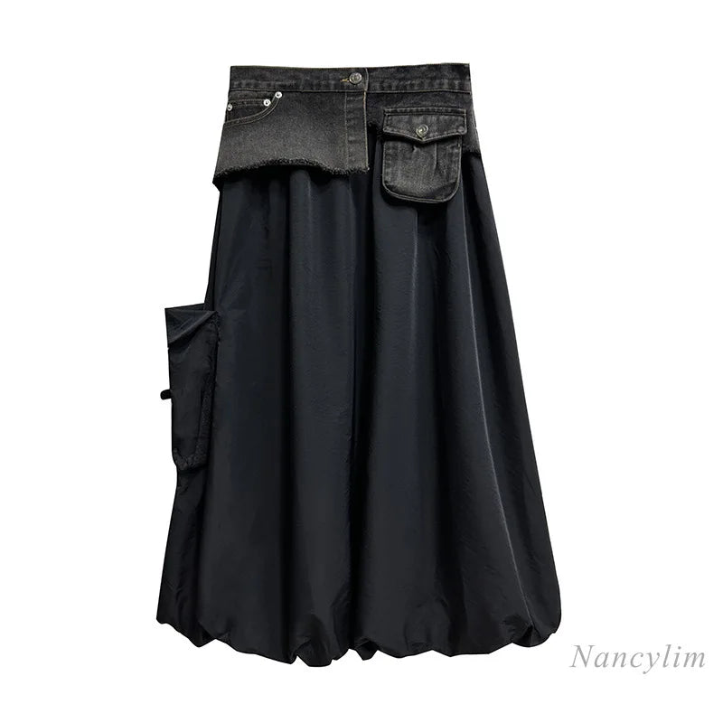 European and American Dark Style Denim Stitching Skirt Women 2024 Summer Autumn New Loose Slimming Casual All-Match Bud Skirts