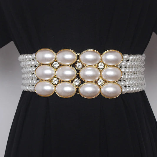 Large Pearl Waist Chain Women's Elastic Belt with Diamond Decoration All-match Skirt Fashion Casual Luxury Design Girdle Gothic