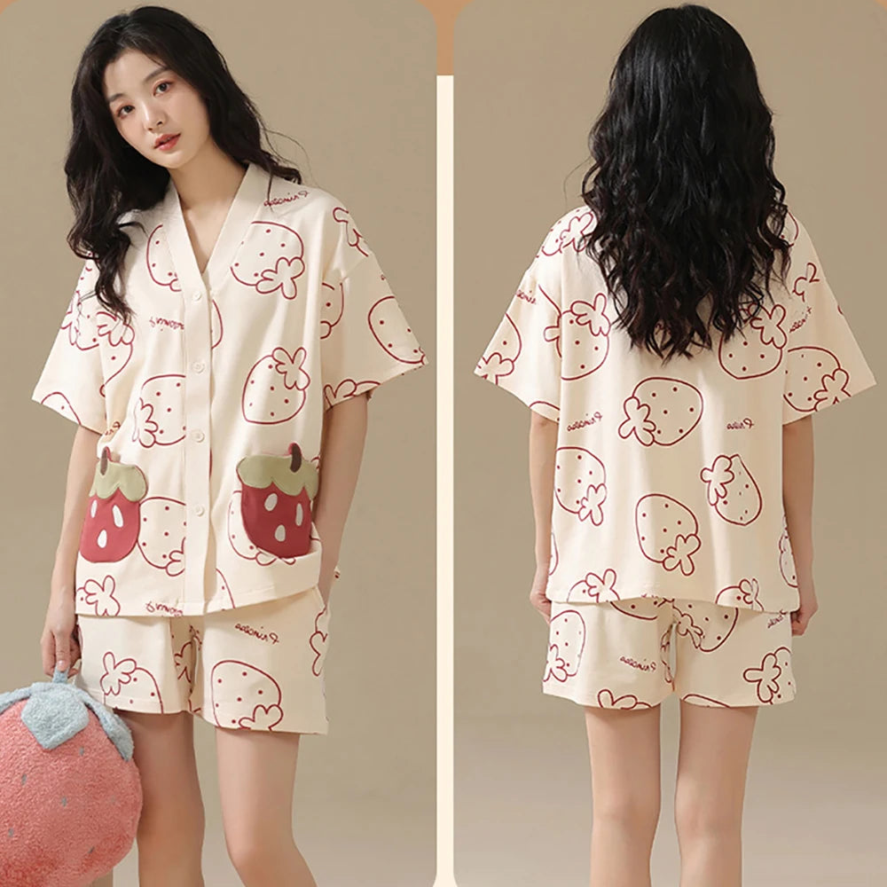 M-2XL 100% Cotton Trousers Sets Cartoon Print V Neck Sleepwear Summer Thin Short Sleeve Pajama Casual Comfortable Pijama Mujer