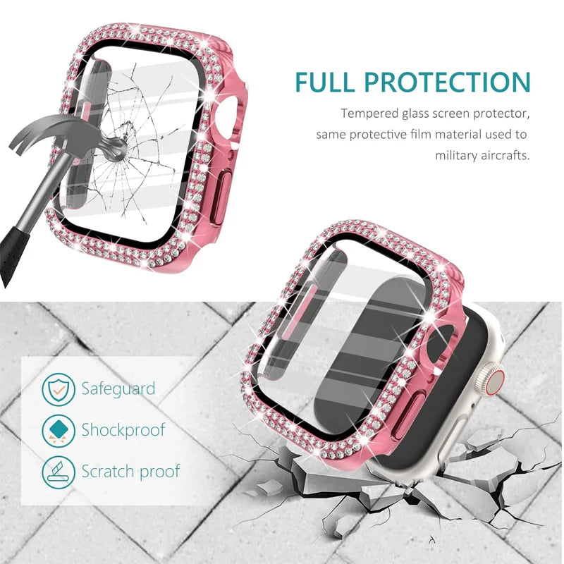 Bling Diamond Cover For Apple watch Case 45mm 41mm 44mm 40mm Tempered Glass+Bumper Screen Protector iWatch series 9 8 7 6 5 4 SE