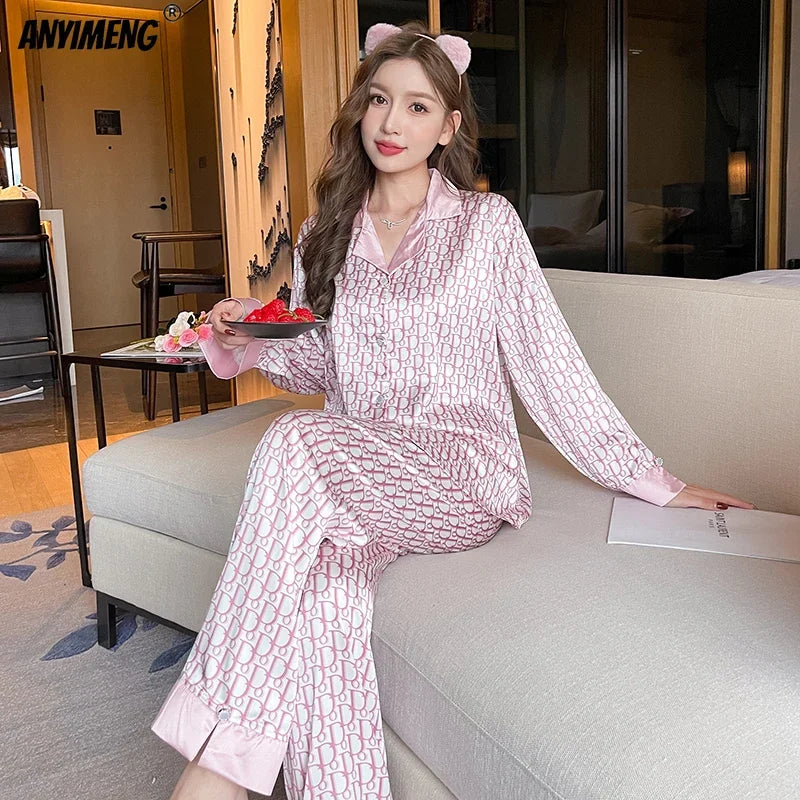 Women Casual Luxury Pajamas Thin Pajamas Female Sleepwear New Elegant Ladies Faux Silk Polyester Dots Pajama Sets Sexy Homewear