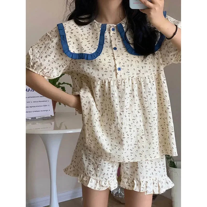 Floral Sleepwear Women Pajama Sets Salior Collar Korean Short Sleeve Piiama Summer Set 2 Pieces Sleeping Home Suit Night Wear