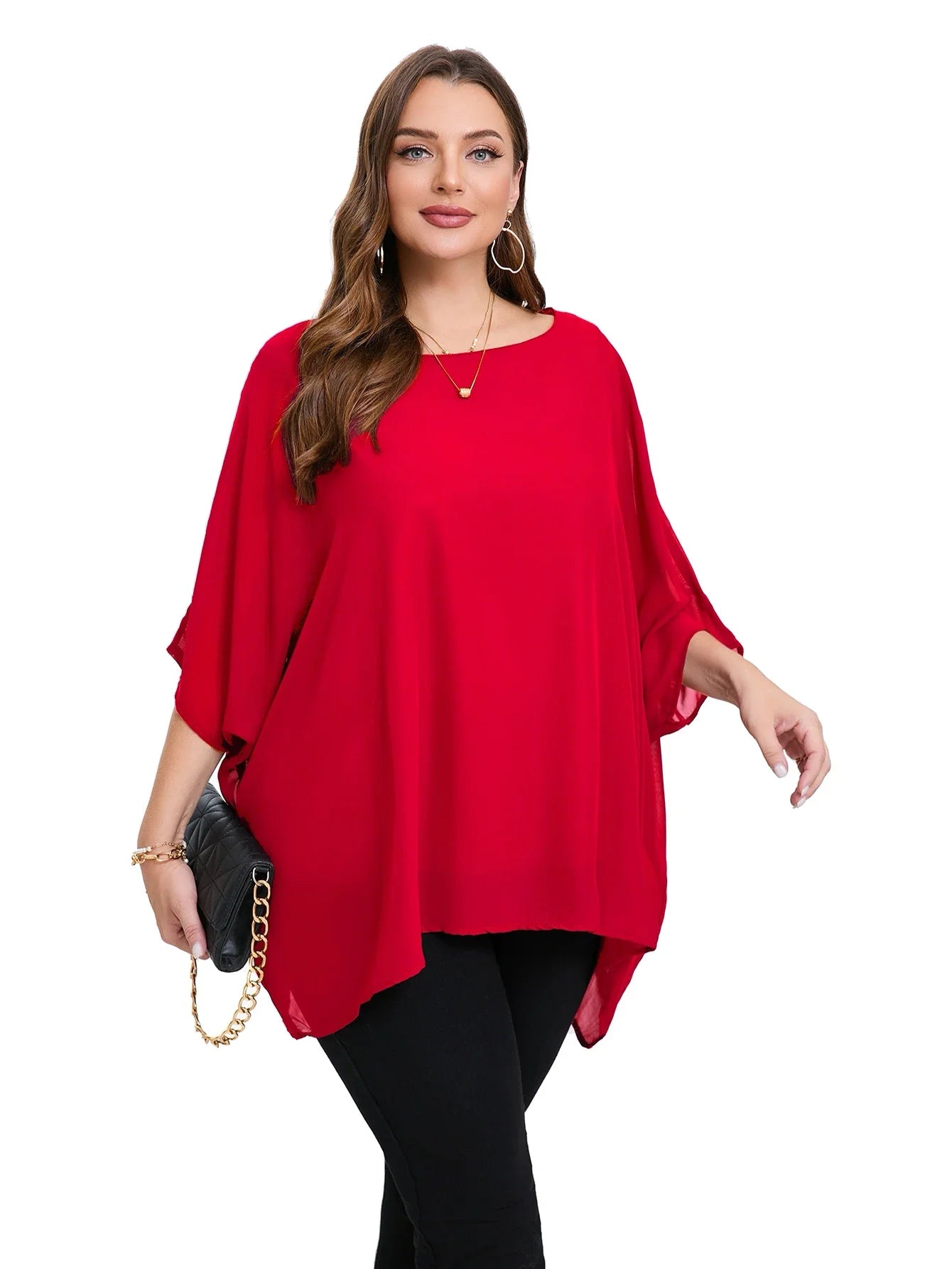 Womens Plus Size Elegant Summer Blouse Batwing Sleeve Oversized Chiffon Blouse Scoop Neck Large Size Casual Tunic Top Shirt 6XL