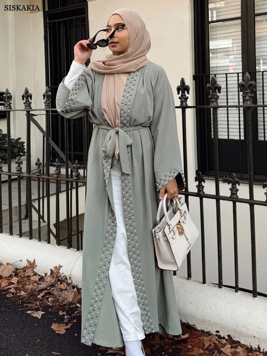 Siskakia Ramadan Dubai Elegant Casual Open Abaya With Sashes Muslim Women's Beading Moroccan Women Clothes