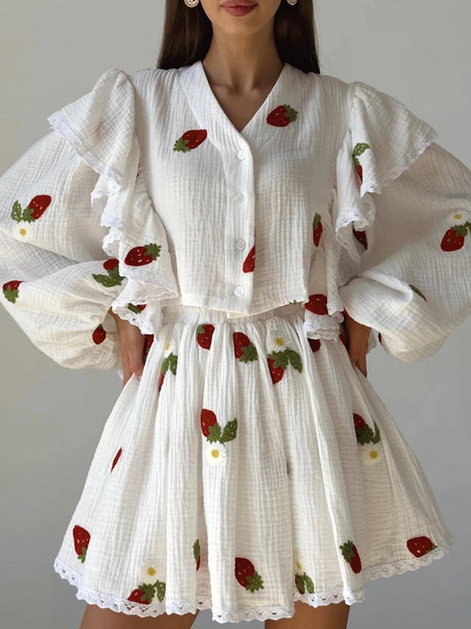 Home Suit Women Pajamas Cotton Linen Top Skirt Set Summer Strawberry Pattern Ruffle Long Sleeve Button Blouse Mini Skirt Outfits