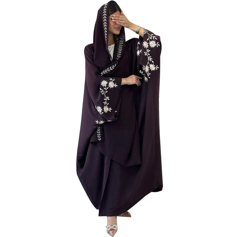 Middle East Ramadan Muslim Luxury Fashion Abaya Dubai Embroidered Bat Sleeve Cardigan Robe Headscarf Waiver Robe