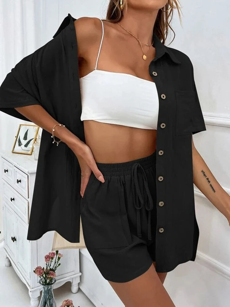 NHKDSASA 2023 Summer Shorts Home Suit Fashion Cotton Pajamas Set Women's Casual Two-piece Set Elegant Button Shirt Short Set