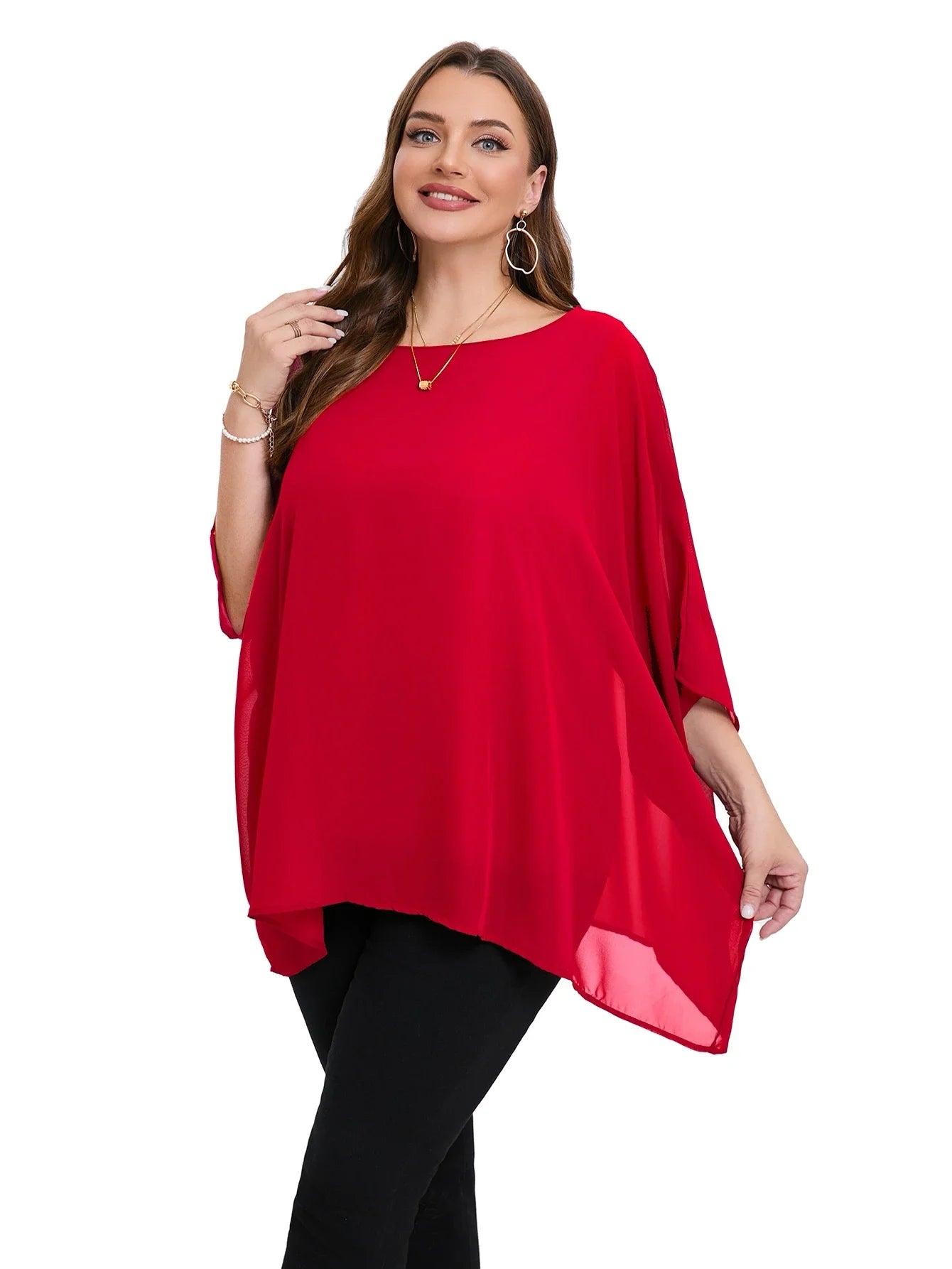 Womens Plus Size Elegant Summer Blouse Batwing Sleeve Oversized Chiffon Blouse Scoop Neck Large Size Casual Tunic Top Shirt 6XL