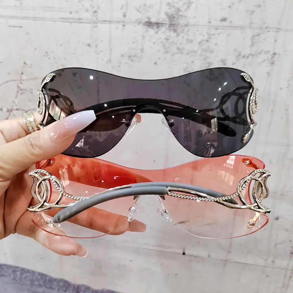 KLASSNUM Y2k Rimless Sunglasses Women Stylish Gradient Lens Outdoor Shades Trendy Luxury Brand Design Metal Frame Eyewear Goggle