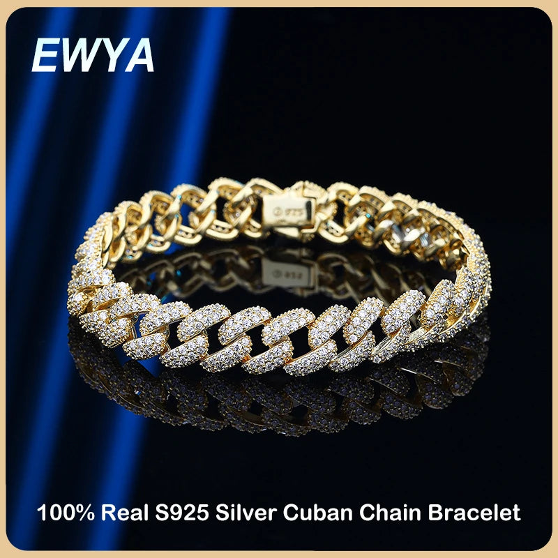 EWYA Luxury Hip Hop Full Zircon Cuban Link Chain Bracelet for Women Men S925 Silver Plated 18K High Carbon Diamond Bracelets