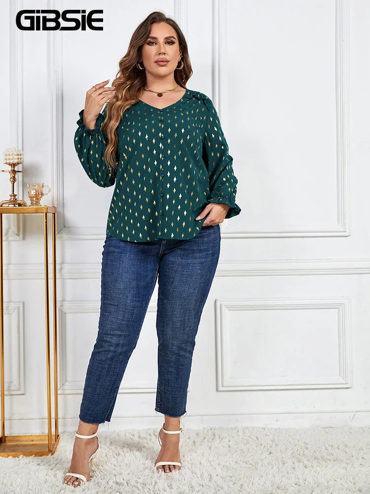 GIBSIE Plus Size Gold Print Frill Trim V-Neck Blouse Women Spring Fall Buttons Casual Long Sleeve Ladies Tops And Blouses 2023