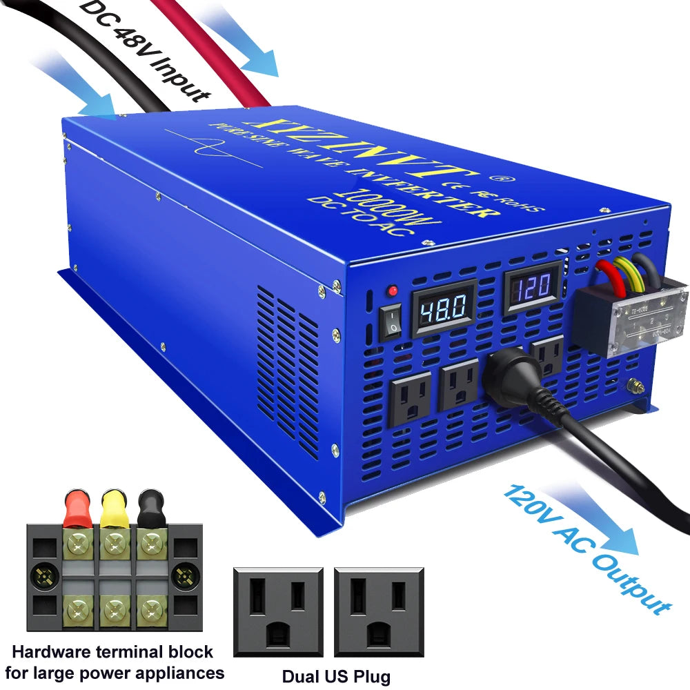 10000W Pure Sine Wave Inverter 24V 220V Solar Inverter Power Bank Battery Converter 12V/36V/48V/96V DC to 110V/120V/230V/240V AC