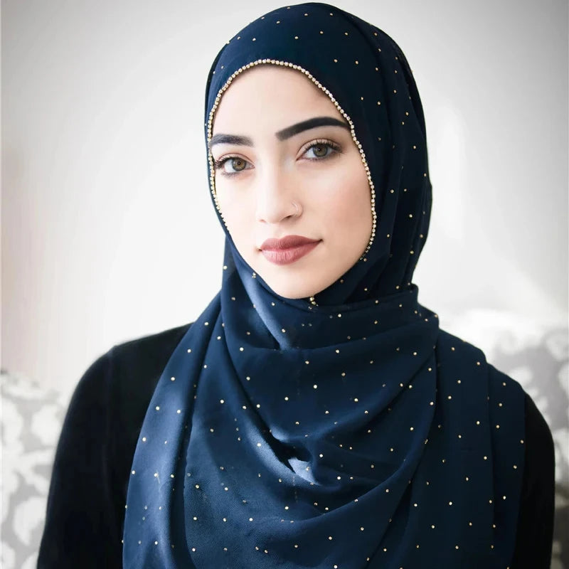 December new luxurious gold chain chiffon headscarf with soft hand feel, Muslim long scarf for women's Hijab musuman femme shawl