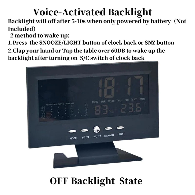 Voice Control Backlight Digital Weather Clock Date Week Temperature Humidity Weather Forecast 12/24H Electronic Clock