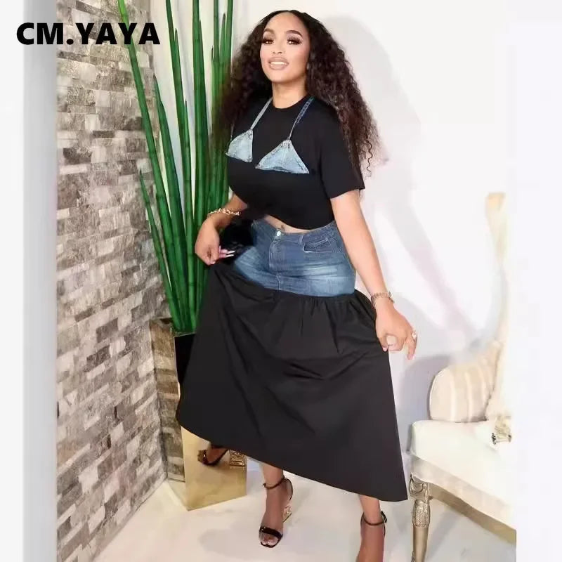 CM.YAYA INS Denim Patchwork Women's Set Short Sleeve T-shirt and Midi Long Skirts 2024 Autumn Street Two 2 Piece Sets Outfits