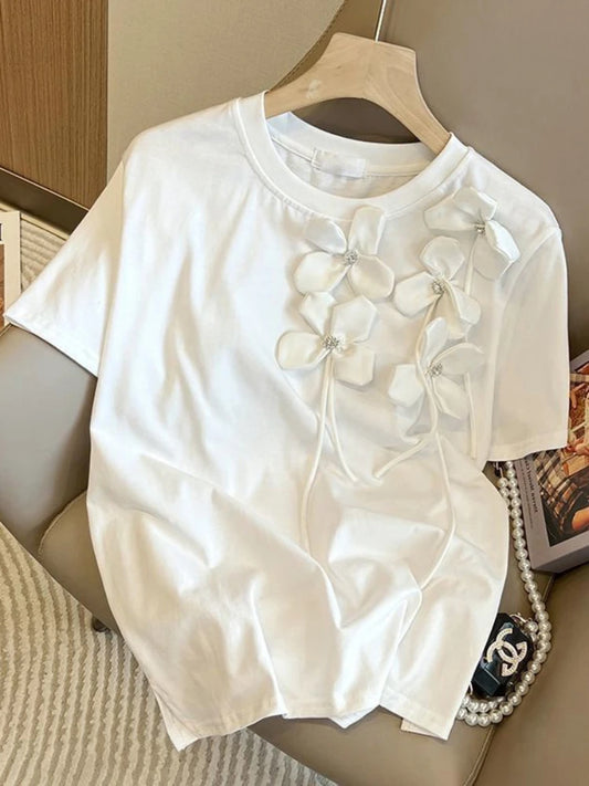 Summer Korean Commuter Large Size Loose T-Shirt High Quality Nail Drill 3D Flower Ribbon Top Women's 2024 New Sweet Slim Tees