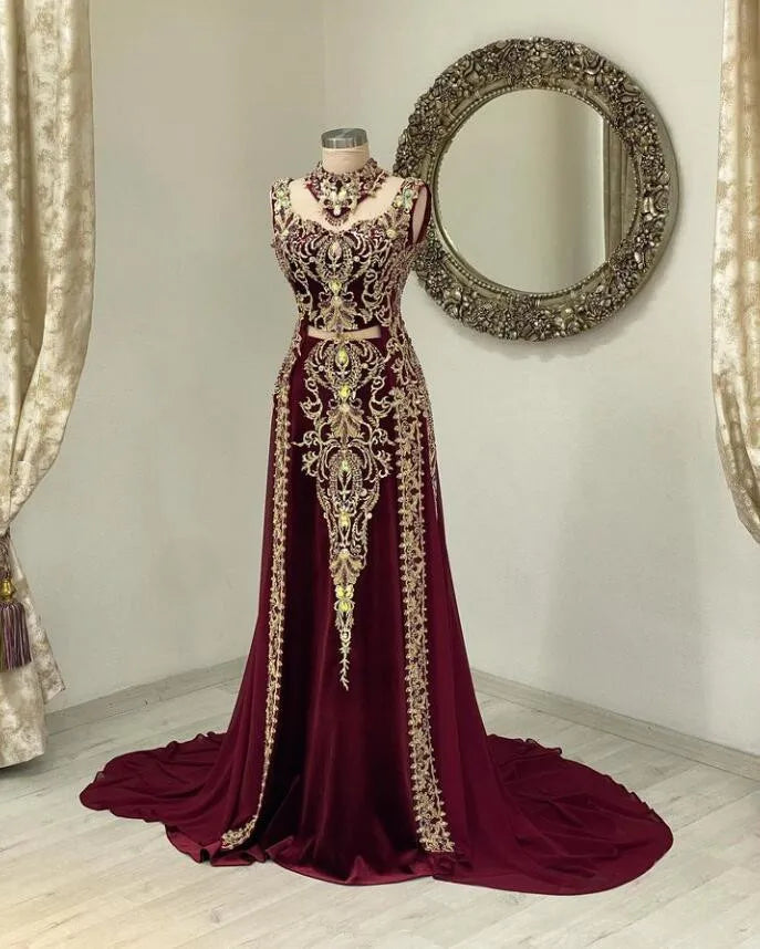 Burgundy Velvet Caftan Marocain Prom Dresses With cape veil Gold Applique Lace Muslim Arabic Henna Evening Formal Gowns