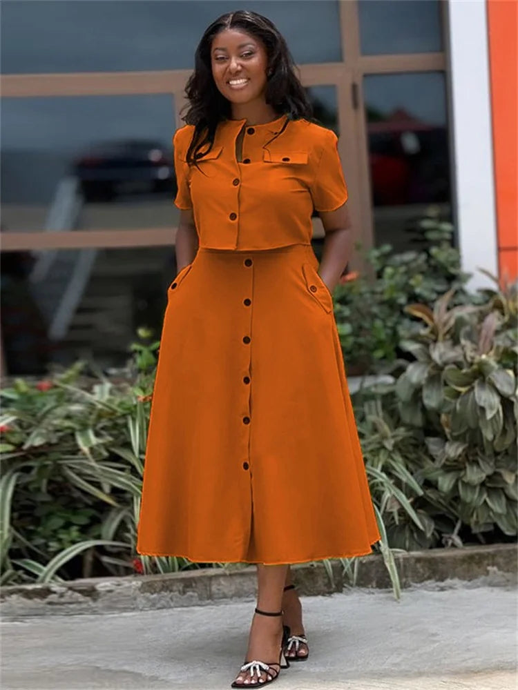 Wmstar Two Piece Set Women Skirts Sets Pockets  Summer Holiday Button New Matching Suit Office Lady Wholesale Dropshipping 2024