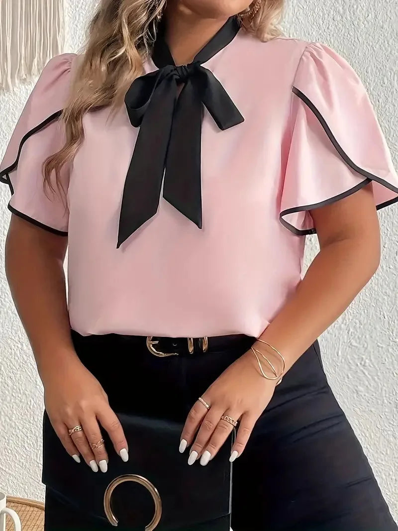 GIBSIE Plus Size Contrast Bow Tie Neck Women Shirts Blouses 2024 Summer Short Sleeve Elegant Tops Female Casual Solid Blouse