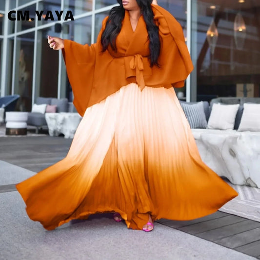 CM.YAYA Gradient Women's Set Full Sleeve Belt Blouse Shirt and Pleated Long Skirts Suit Street Two 2 Piece Set Outfit Tracksuit