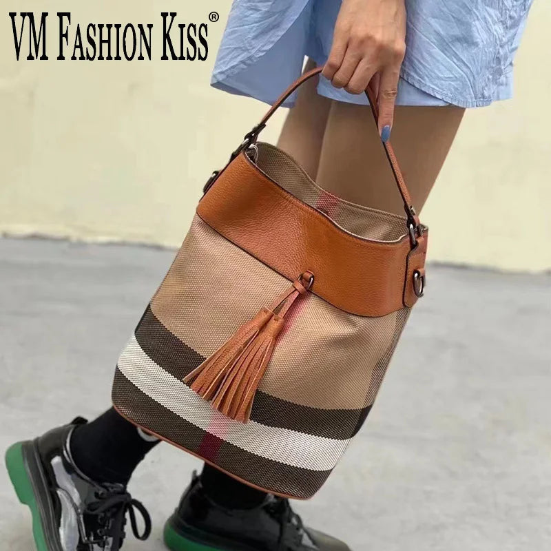 VM FASHION KISS Canvas+Genuine Leather Bucket Tote Bag Luxury Women's Striped Handbag Large Capacity Casual Cross-body Handbags