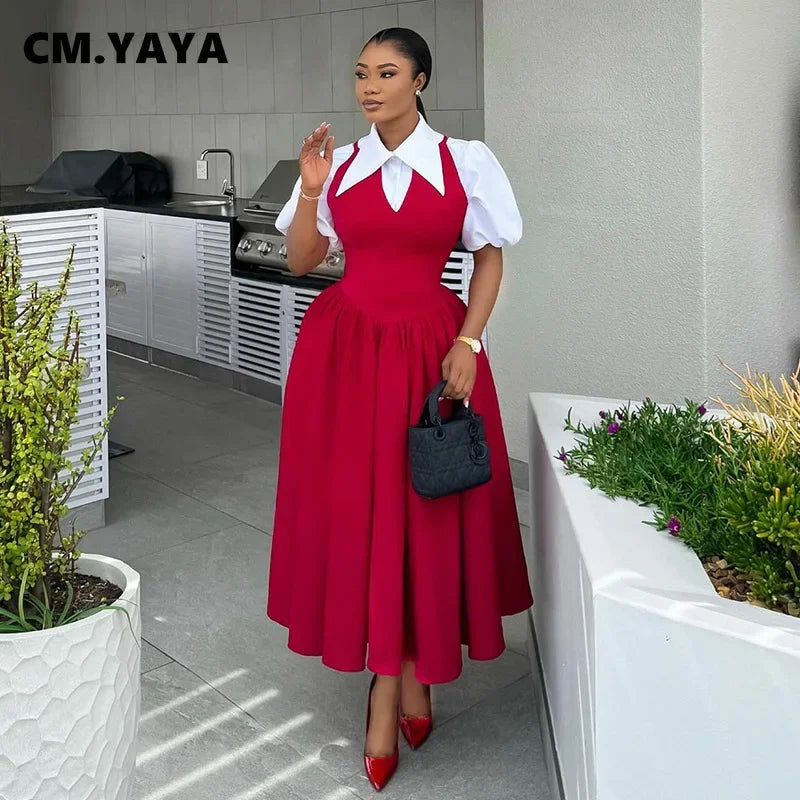 CM.YAYA Short Puff Sleeve Sweet Slim Long Women Shirt Dress High Waist Ruched Pleated Beach Streetwear Maxi Big Swing Dresses