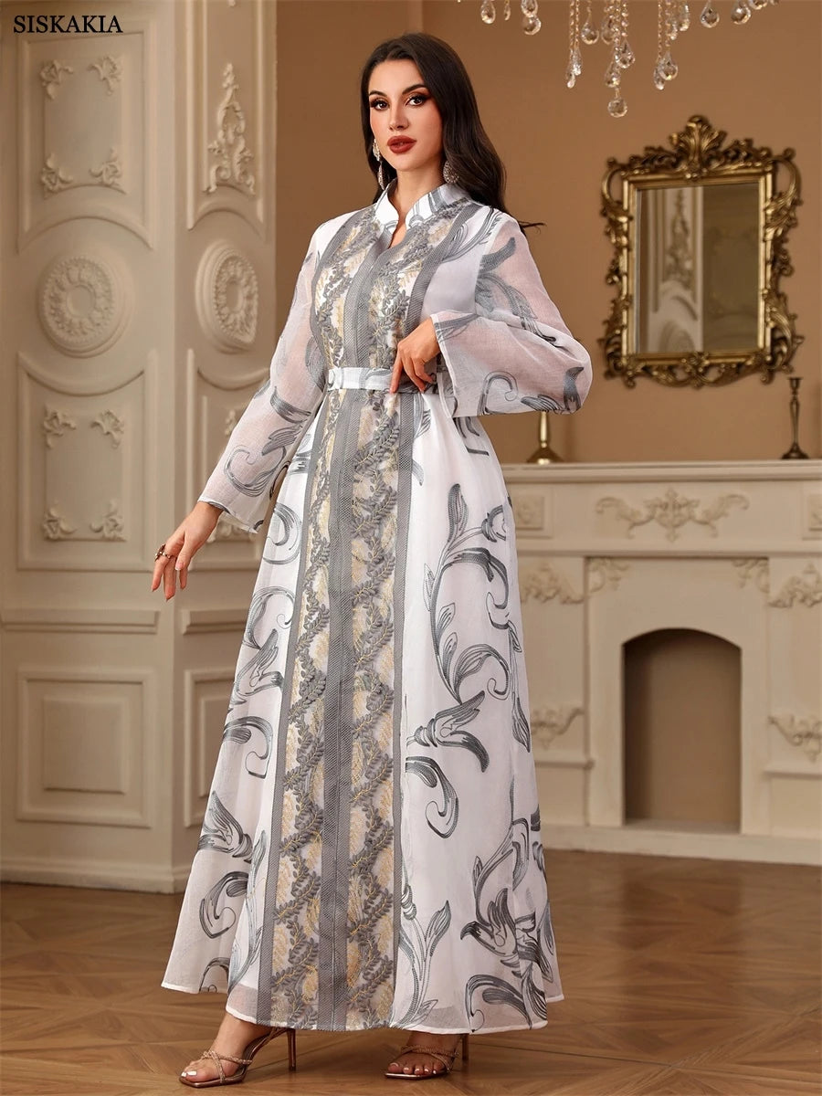 Siskakia Ramadan Muslim Elegant Floral Print Embroidery Maxi Dress Belt included Dubai Embroidered Belted Kaftan