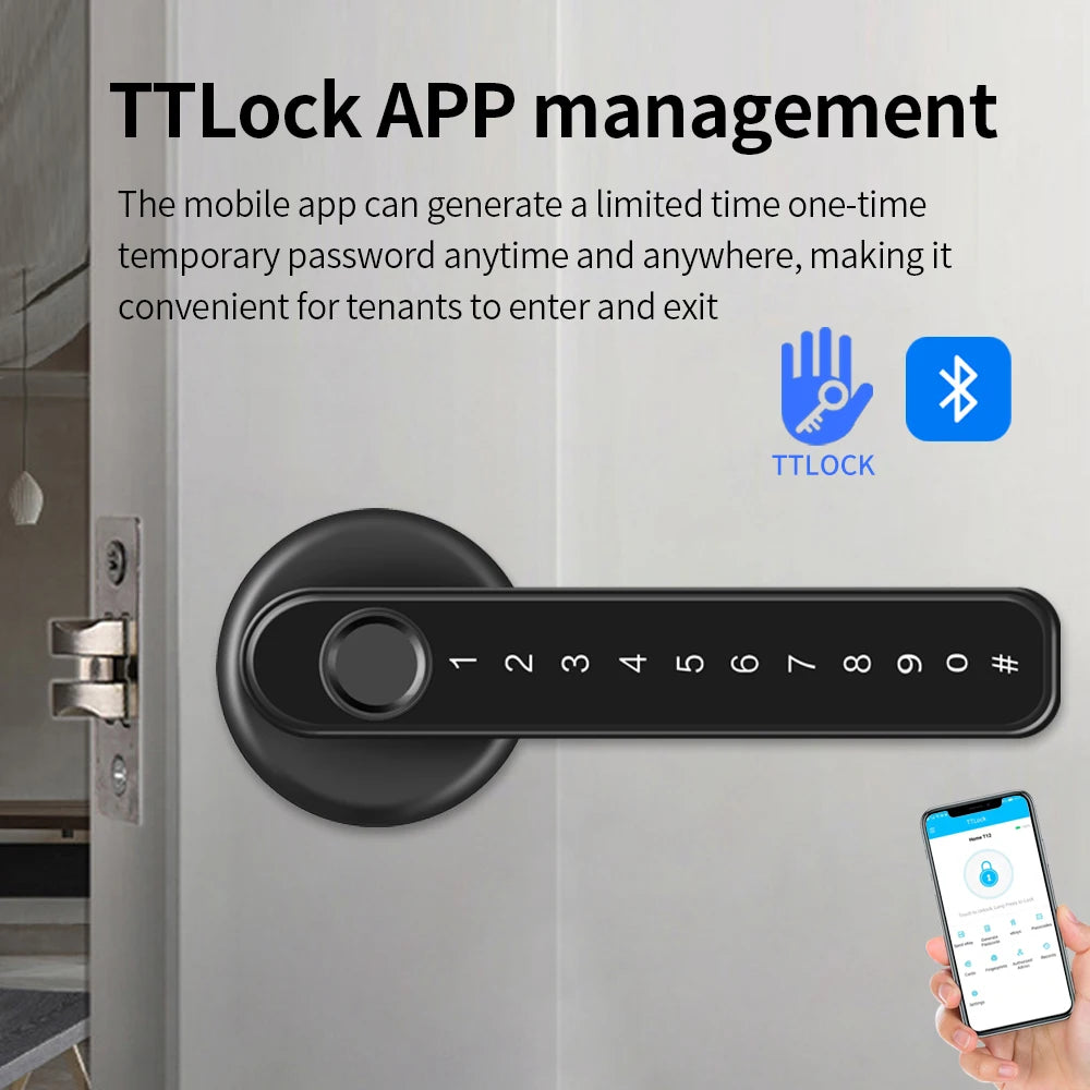 Tuya Smart Life / TTLOCK APP BLE Fingerprint Door Smart Lock Keyless Entry Electronic Handle Lock Temporary Code/Key/APP Unlock