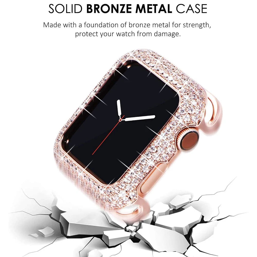 Carved Copper Women Luxury Bumper for Apple Watch Case 44/40mm 42/38mm Diamond Bling Metal iWatch Series 7 SE/6/5/4/3/2 45 41 mm